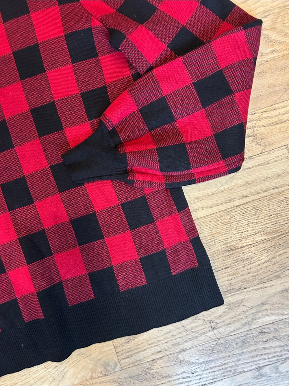 Plaid Crewneck Sweater in Red and Black - Casual Knit Top - Picture 4 of 7